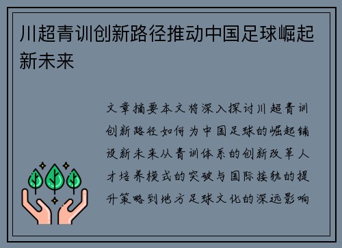 川超青训创新路径推动中国足球崛起新未来